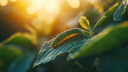 Golden Hour Caterpillar: A Tiny Crawler on a Leaf