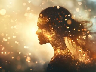 woman profile, cosmic dust, dark background, ethereal, mystical portrait