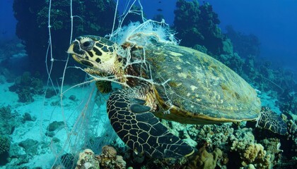 Obraz premium Sea turtle entangled in marine debris surrounded by vibrant coral reef in clear blue ocean water