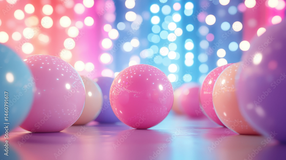 Poster dynamic realistic 4k 3d background of pastel spheres with bokeh lights creates a vibrant and express