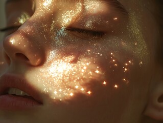 woman's face, golden glitter, soft light, closed eyes, radiant skin, luxurious skincare concept