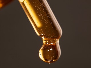 golden liquid dripping from pipette, dark background, viscous texture, elegant, luxurious