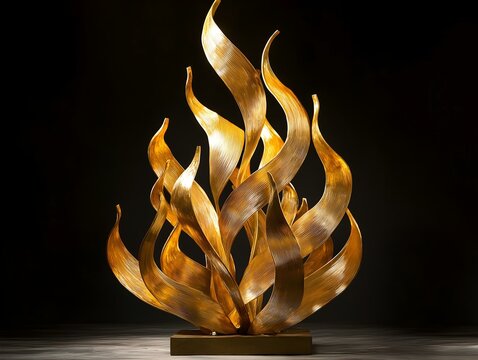 golden flame sculpture, abstract art, metallic texture, warm light, dark background
