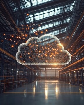 Cloud computing visualization in a factory setting showing data transfer and digital transformation for industrial automation and connectivity