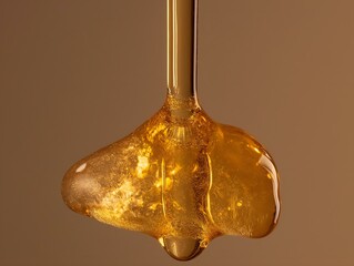 golden serum dripping, close up, viscous texture, luxurious beauty product, elegant background