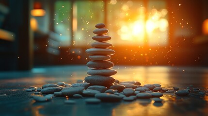 Obraz premium Serene Sunset: Balanced Stones and Golden Hour Glow