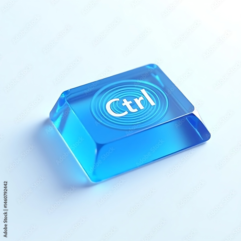 Poster macro of blue transparent ctrl keycap for computer keyboard, technology