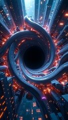  A digital fractal city suspended in a gravity-defying loop around a black hole, lit with cyberpunk neon and bending architectural laws