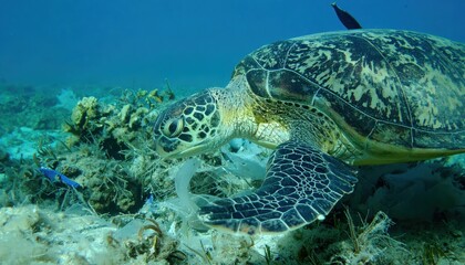 Close-up of a Green Sea Turtle foraging in a vibrant coral reef ecosystem, surrounded by marine flora and fauna