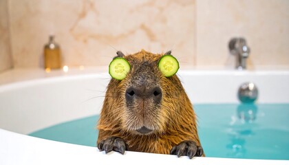 Capybara in Relaxing Bath with Cucumber Slices