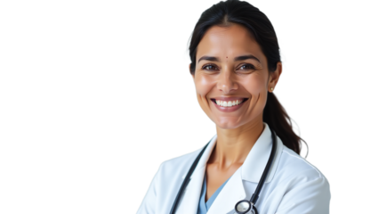 Young female doctor smiling warmly, Wearing stethoscope and white coat, Studio portrait on white background, Emphasizing friendliness and professionalism in healthcare