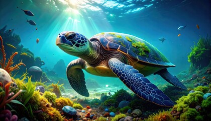Naklejka premium Graceful sea turtle swimming through vibrant coral reef with beams of sunlight illuminating the underwater scene