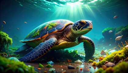 Green sea turtle swimming through a vibrant underwater scene with sunlight filtering through the water and aquatic plants