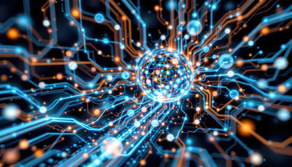 Digital technology abstract design glowing circuits futuristic background data flow network connections vibrant colors technology concept artificial intelligence high tech visualization