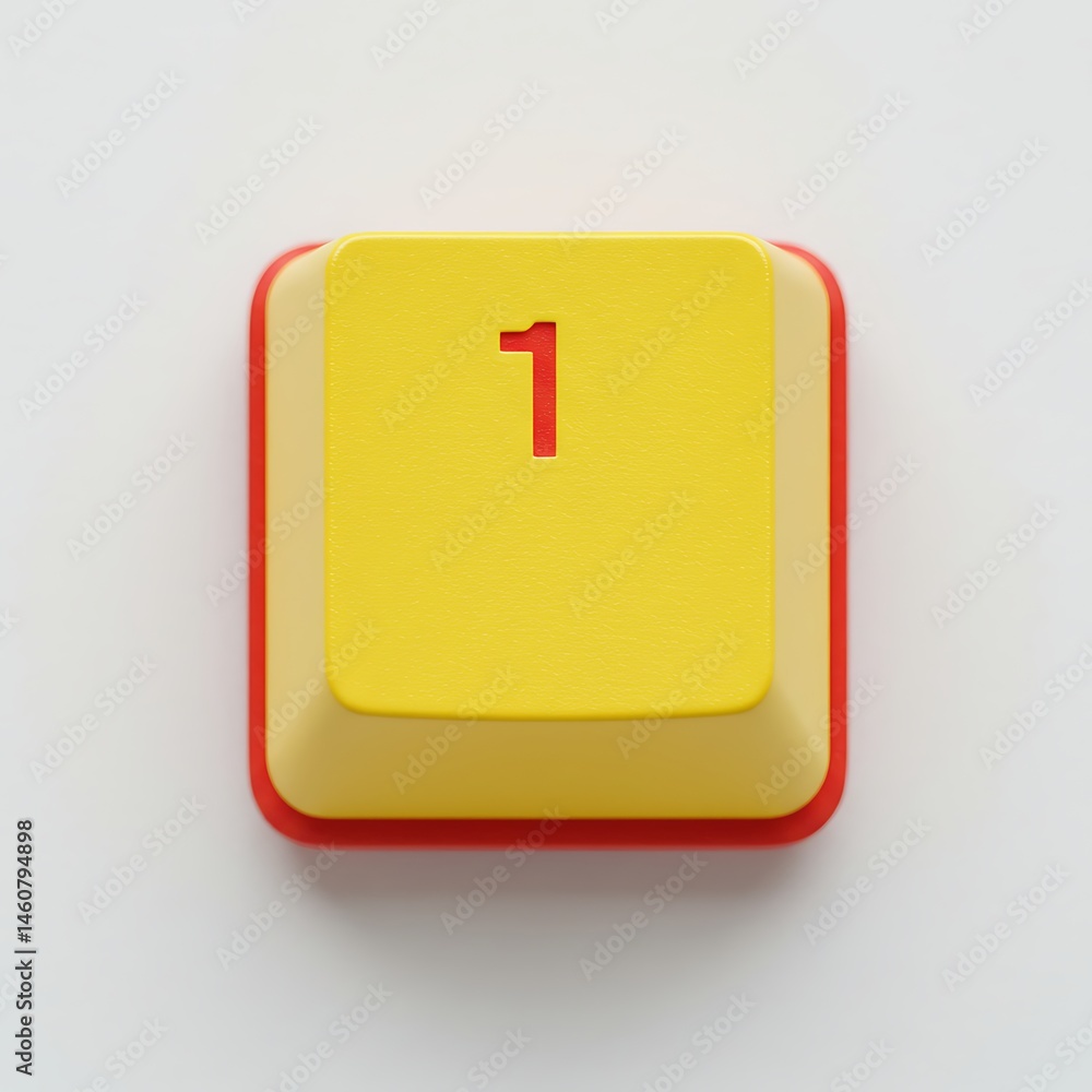 Poster retro number one keycap macro photography, yellow and red color