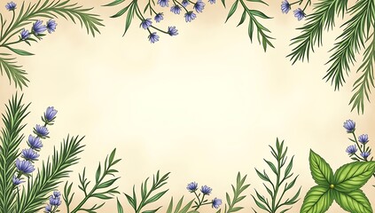 Fototapeta premium A seamless botanical background entirely filled with illustrated herbs like thyme, sage, and basil on a soft cream backdrop