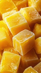 Close up of frozen mango cubes with frost detail, studio shot, vibrant yellow fruit, refreshing treat, tropical flavor, healthy snack, summer dessert