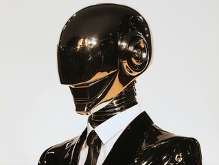 golden daft punk robot portrait dark background sophisticated and mysterious