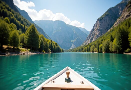 Scenic view from a boat on a tranquil turquoise lake surrounded by mountains