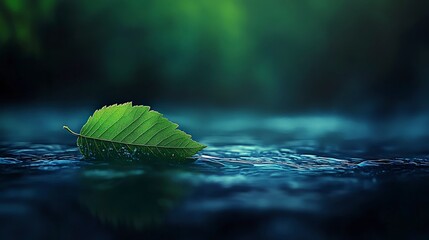 Floating on water with blue - green ripples, a green leaf is set against a blurred natural scenery background. Soft lighting creates a dreamy mood, and the entire scene exudes tranquility and harmony.