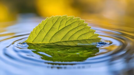 A green leaf drifts on water with blue - green ripples, accompanied by a blurred natural backdrop. Soft light infuses the setting with a dreamy quality, bringing out the tranquility and harmony of the