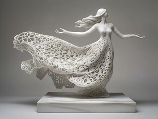 serene sculpted female figure flowing dress intricate lace light background