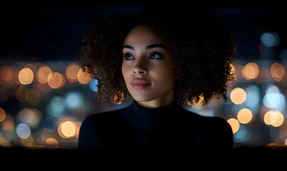 Thoughtful woman gazing at night city lights bokeh background