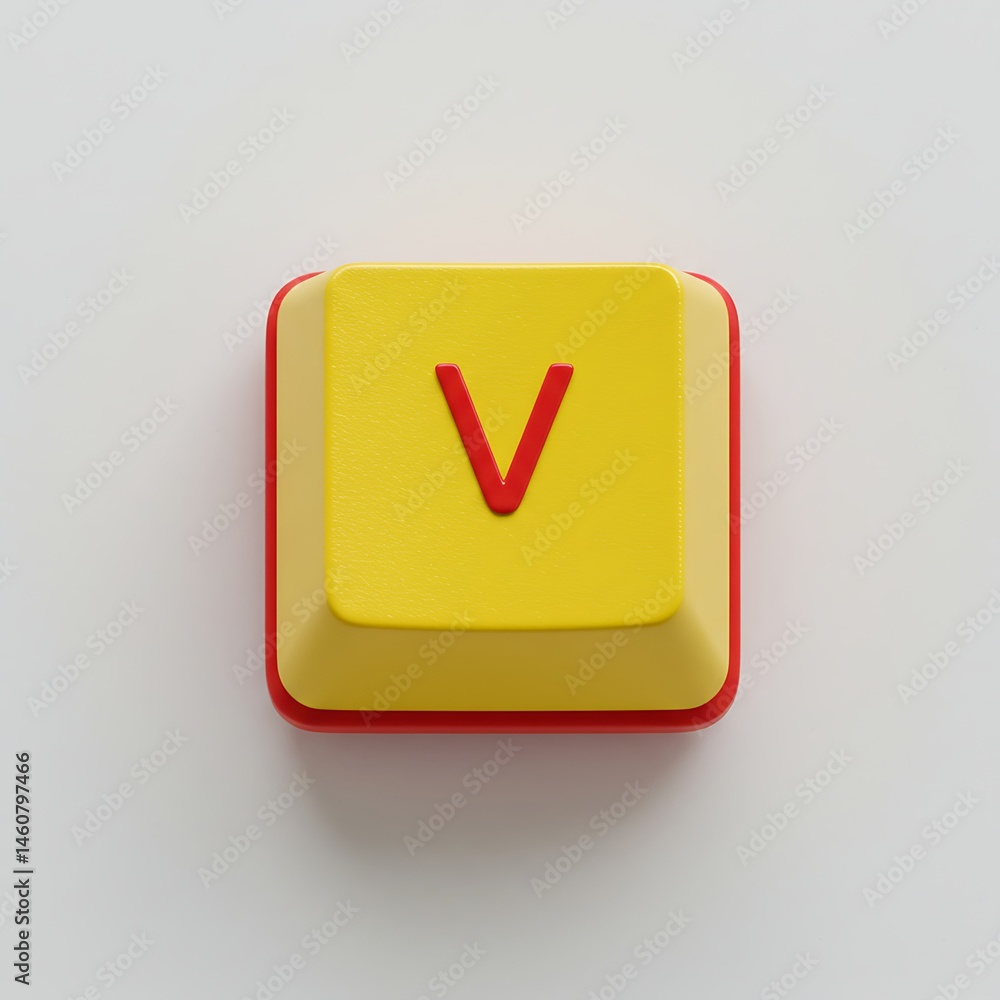 Poster yellow and red v letter keyboard button on a white surface