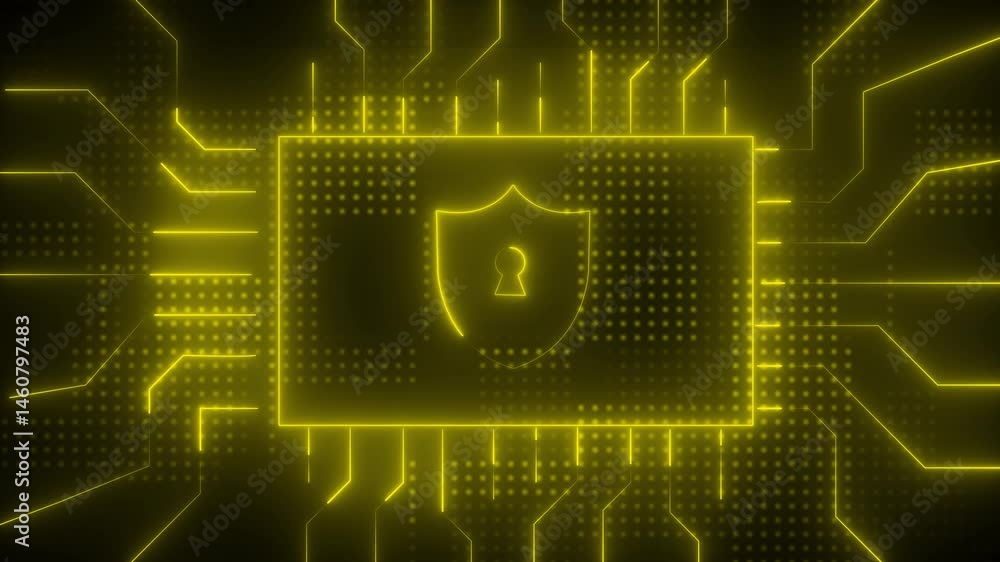 Poster futuristic digital shield with glowing keyhole on circuit board background.