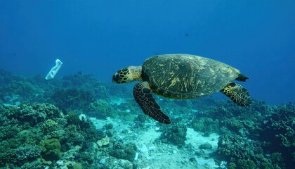 Obraz premium Sea turtle swimming gracefully over a vibrant coral reef, with a plastic debris floating in the background