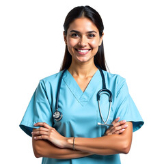 Young Indian woman medical student smiling, Studio shot with white background and lab coat, Portrait symbolizing healthcare education journey, Optimistic expression of future in medicine