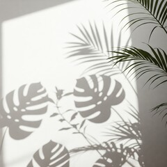 Mixed shadows of tropical leaves and slender twigs overlapping on a bright wall, soft filtered sunlight, artistic and natural composition