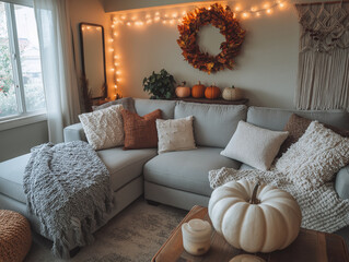 Cozy Autumn Living Room: A warm and inviting living room decorated for the autumn season with a wreath, pumpkins, pillows, blanket, and fairy lights.