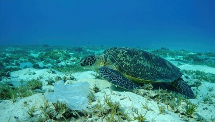 Obraz premium Sea turtle swimming near plastic waste on ocean floor surrounded by seagrass and marine habitat