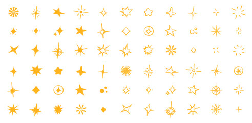 Colección - Set de ilustraciones decorativas dibujadas a mano de brillos, estrellas y destellos color dorado. Vector. 