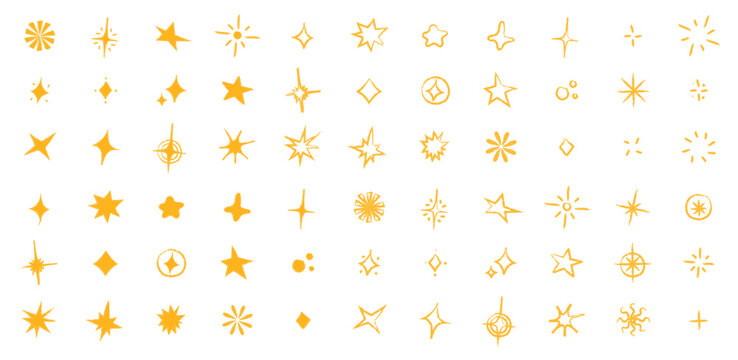 Colecci&oacute;n - Set de ilustraciones decorativas dibujadas a mano de brillos, estrellas y destellos color dorado. Vector.	