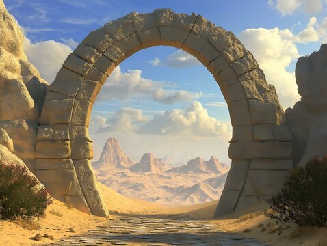 desert arch, sandy landscape, distant mountains, clear sky, ancient stone arch