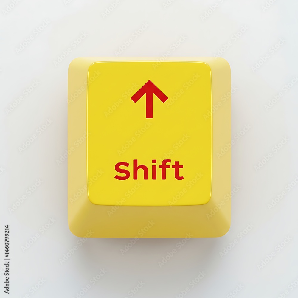 Poster yellow shift key with red arrow and text on white background