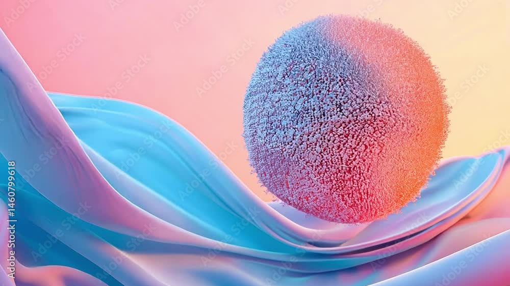 Poster vibrant abstract art colorful sphere and smooth waves on textured fabric, creating pastel dreamscape