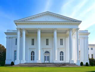 Obraz premium neoclassical mansion, white facade, columns, clear sky, architectural detail, elegant design