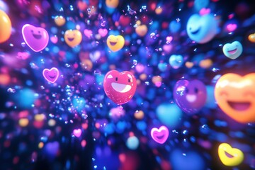 Emoji explosion animation, likes, hearts, smileys floating in cyberspace