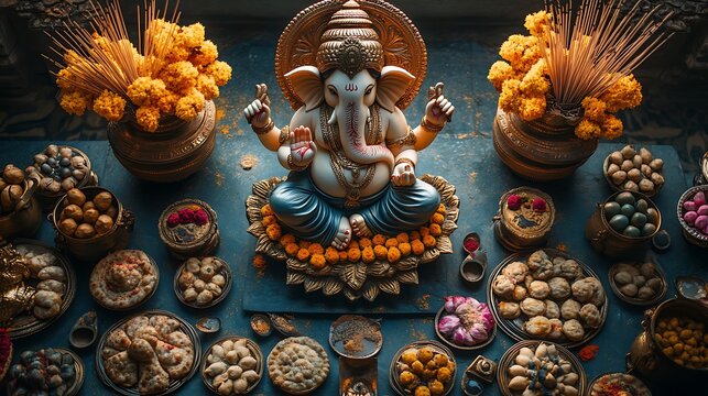 Ceremonial table arrangement for Ganesha Chaturthi, deity idol seated on lotus pedestal, modaks in geometric rows, durva grass in golden cups, incense framing the statue in symmetric plumes.