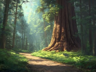 Obraz premium redwood forest path sunlight dappled light green foliage