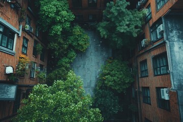 Modern apartment complex with green plants and vertical gardens