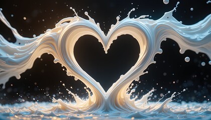 Heart shaped form created by milk splash,  a digitally rendered image.