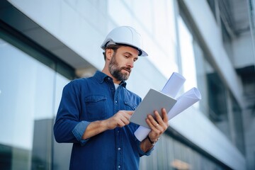 engineer wearing a helmet and blue shirt, holding a digital tablet while standing near a building