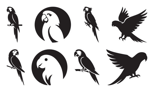 Parrot logo silhouette set featuring tropical bird designs for branding, stickers, or decorative use 