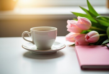 Fresh tulips beside a cup of coffee on a bright table setting