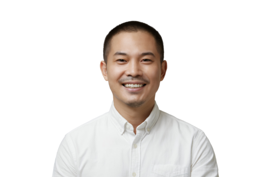 Portrait of a smiling Asian man in a white shirt against transparent background, concept for business portrait, corporate identity, branding