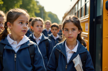 Young caucasian girls in school uniforms boarding yellow bus outdoors